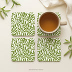  'Willow' botanical coasters styled on a table with a mug of tea.