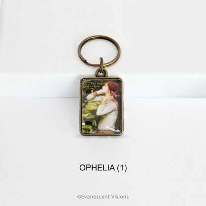 Pre-Raphaelite art keyring with artwork 'Ophelia' by John William Waterhouse, on a white background