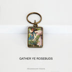  Pre-Raphaelite art keyring with artwork 'Gather Ye Rosebuds' by John William Waterhouse, on a white background
