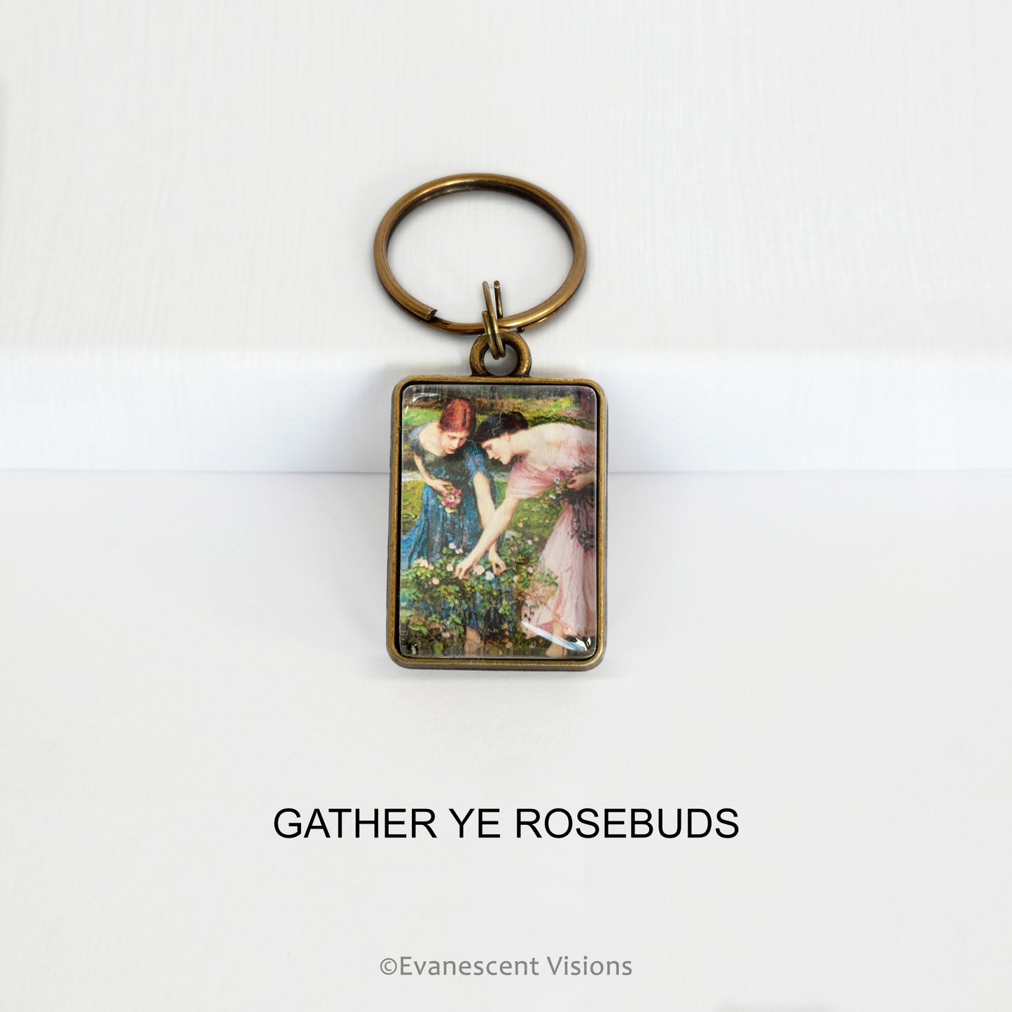  Pre-Raphaelite art keyring with artwork 'Gather Ye Rosebuds' by John William Waterhouse, on a white background
