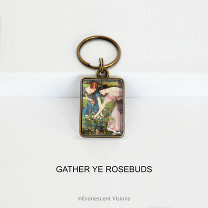  Pre-Raphaelite art keyring with artwork 'Gather Ye Rosebuds' by John William Waterhouse, on a white background