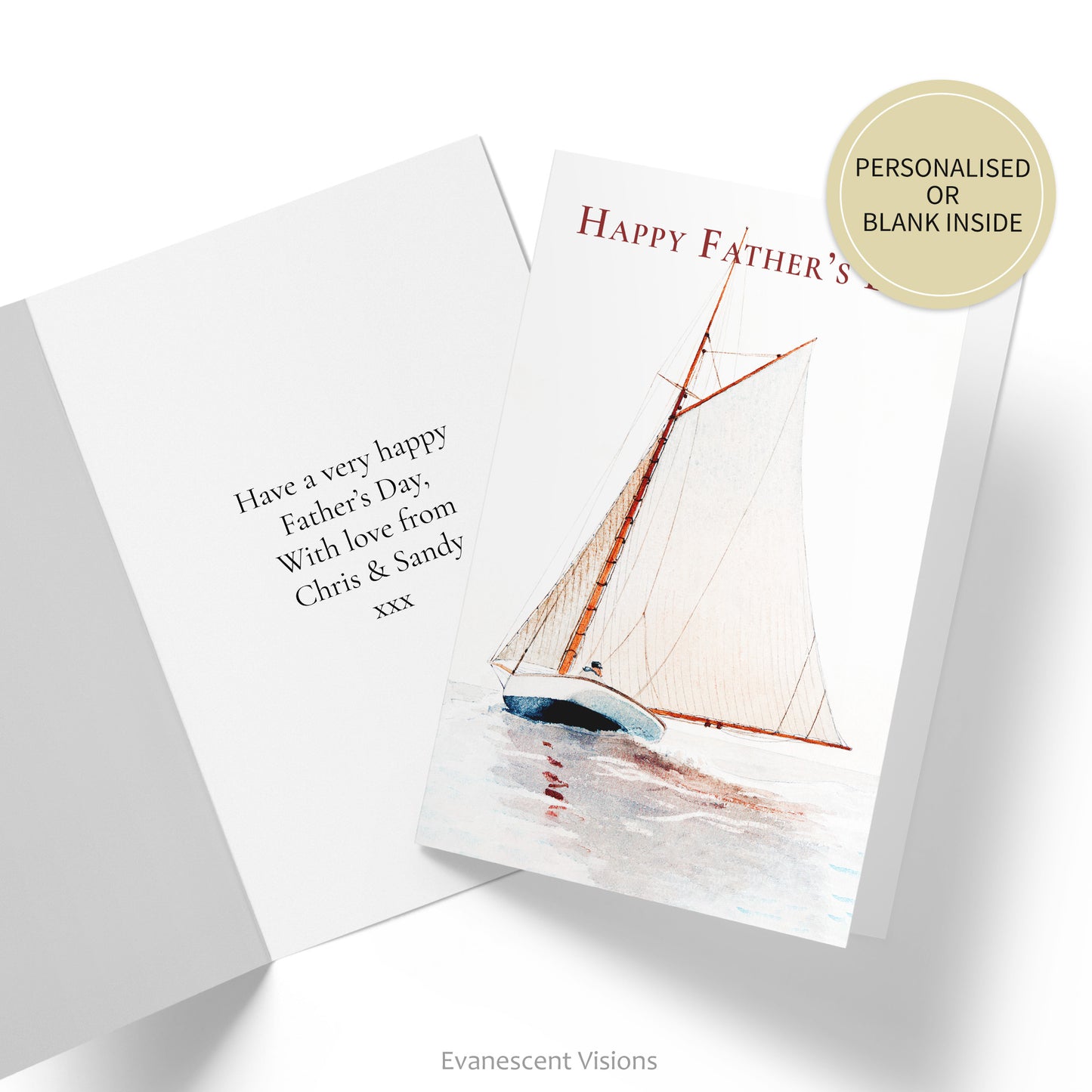 Front and inside view of the Fther's Day Sailing Card with a personalised greeting example