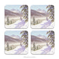 Set of 4 coasters decorated with a landscape of snowy mountains and snow-laden fir trees