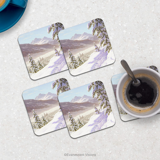 Counter top with drinks displaying snowy scene coaster