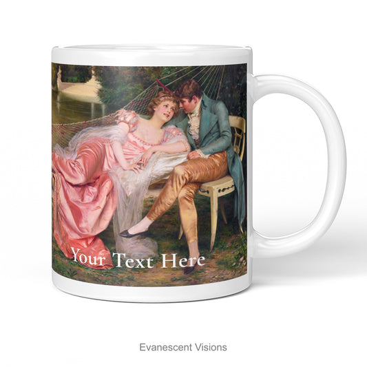 Personalised ceramic mug decorated with detail from painting 'During Day's Last Golden Rays' (aka 'The Flirtation') by Frédéric Soulacroix (1858-1933)