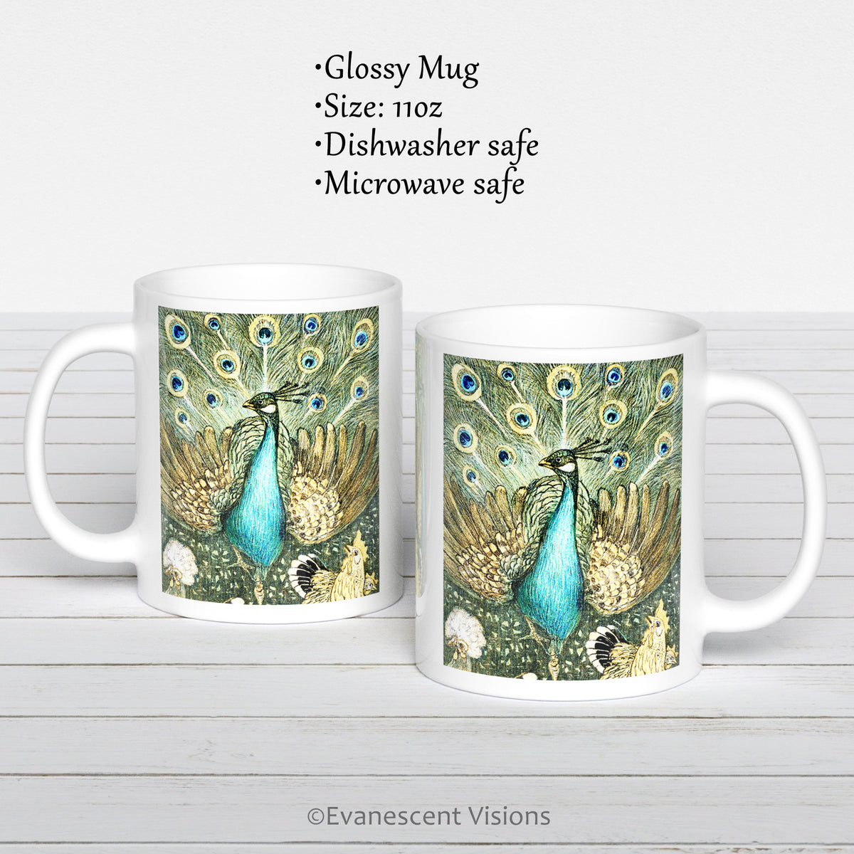 Left and right side views of the Vintage Style Peacock Art Mug
