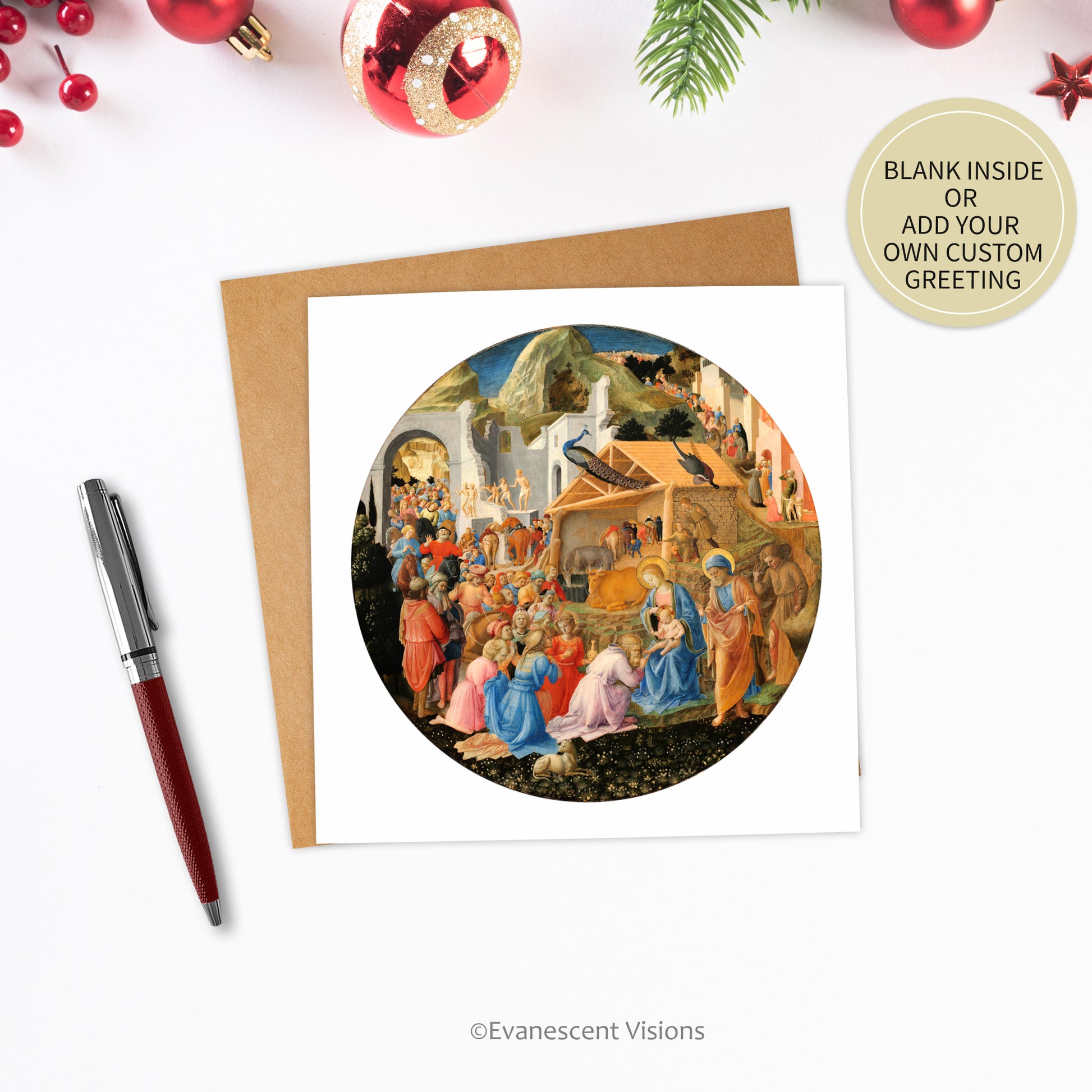 Adoration of the Magi Nativity Christmas Card with envelope on a desk with pen and ornaments 