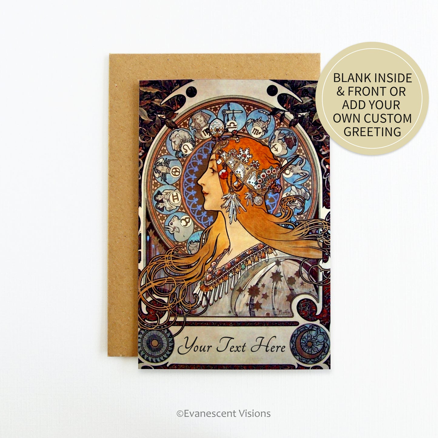 Art Nouveau personalised Zodiac design card with envelope and information