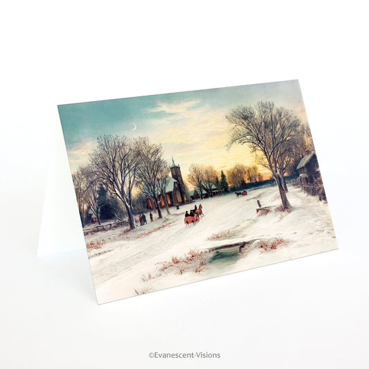 fine art christmas card with W C Bauer's Christmas Eve artwork shown standing on a table