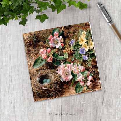 Birds Nest, Eggs and Flowers Fine Art Easter Card 