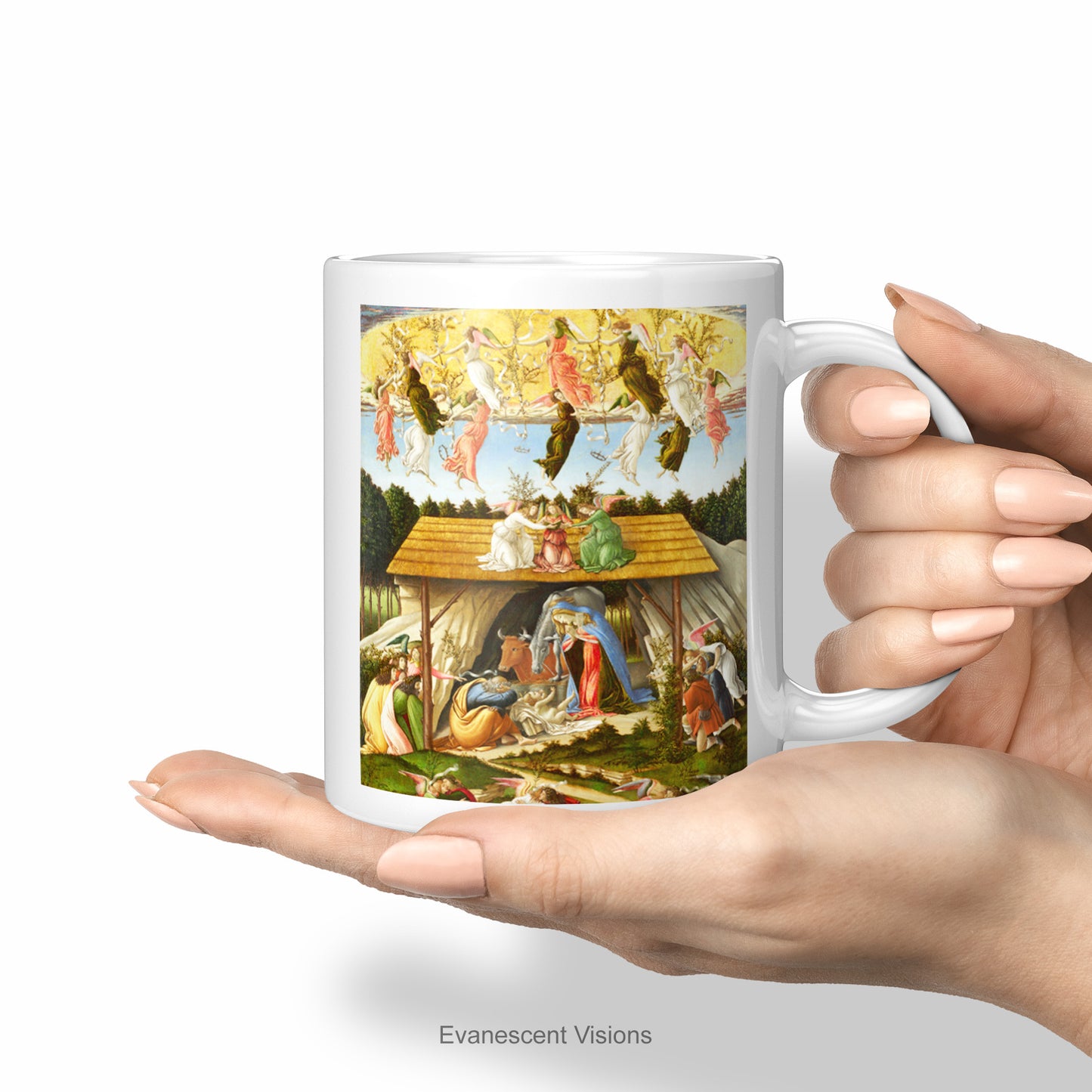 Hands holding the Botticelli Mystic Nativity Fine Art Mug