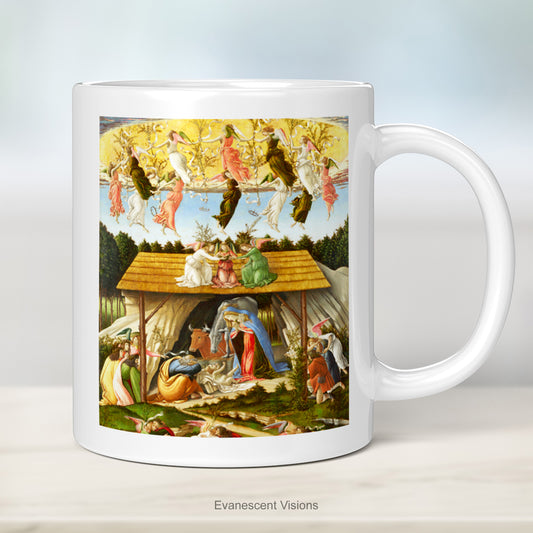 Botticelli Mystic Nativity Fine Art Mug on a kitchen surface