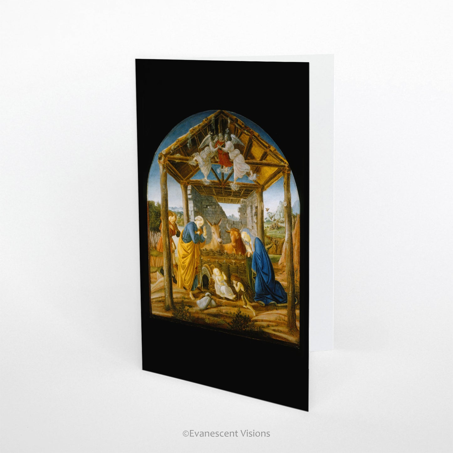 Botticelli Nativity Christmas Card standing on a table