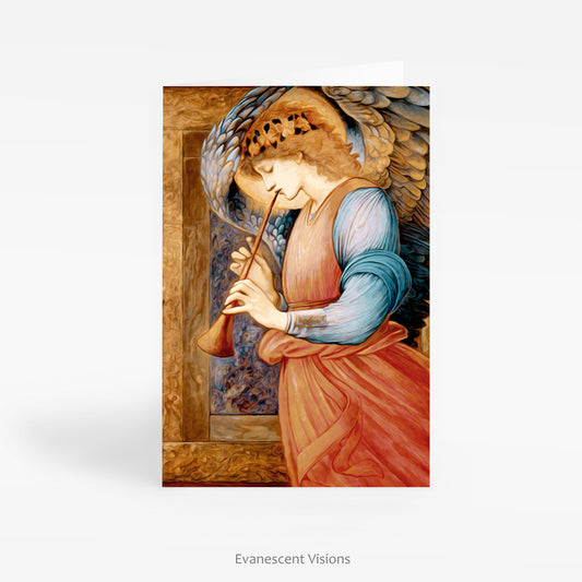 Burne-Jones Angel Playing a Flageolet Greeting Card standing on a table