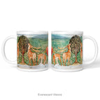 A white ceramic mug with Pre-Raphaelite painting 'Deer by a Fountain'   by Edward Burne-Jones, shown on a plain white background. 