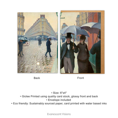 Front and back view of the Gustave Caillebotte Paris Street in Rainy Weather Art Notecard or Greeting Card and product details
