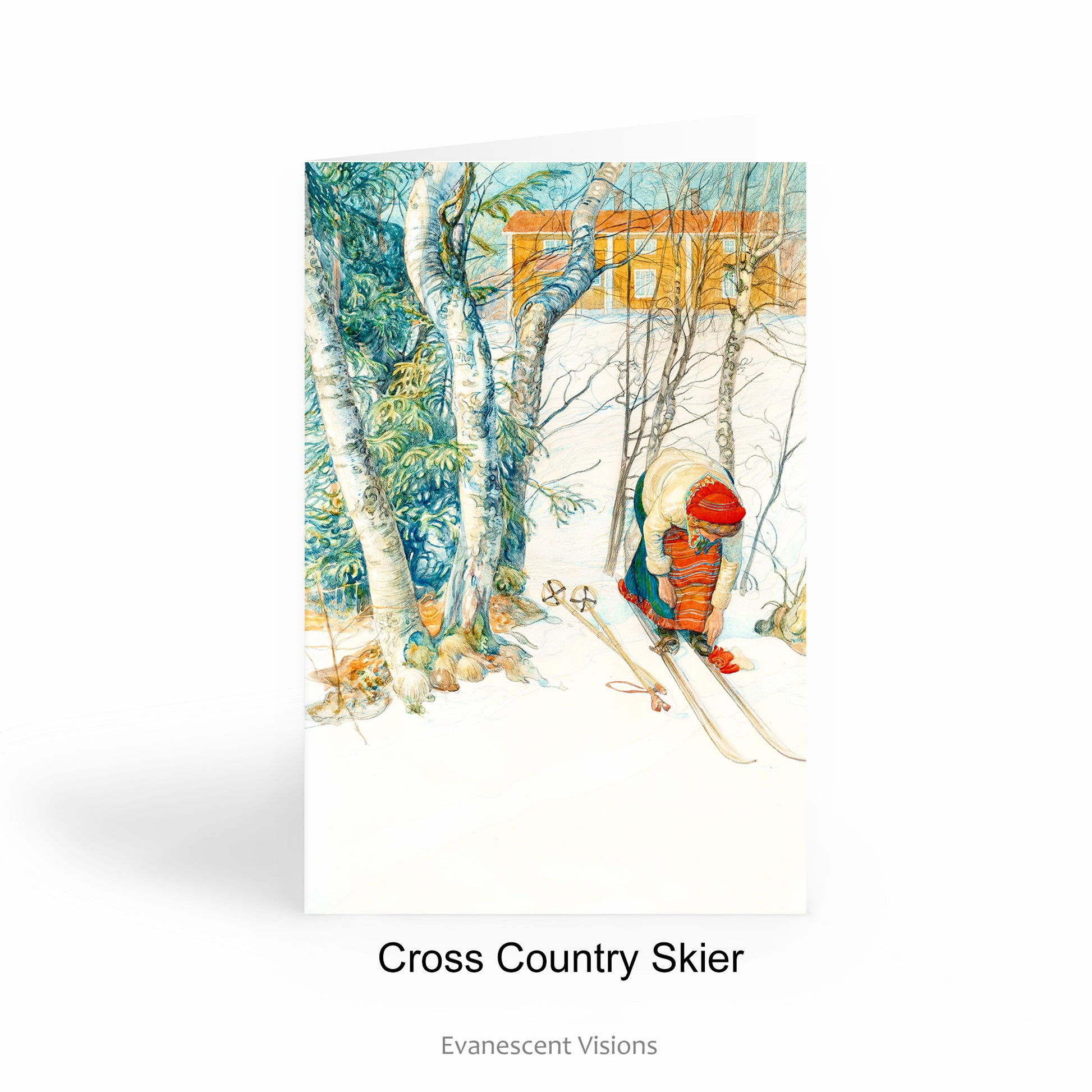 Snowy landscape and Winter or Christmas Art Cards with Painting Cross Country Skier by Carl Larsson.