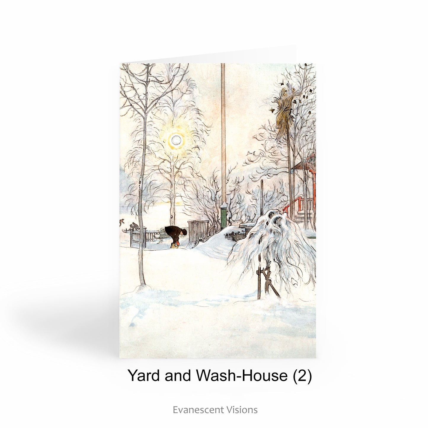 Snowy landscape and Winter or Christmas Art Card with Painting Yard and Wash House by Carl Larsson.
