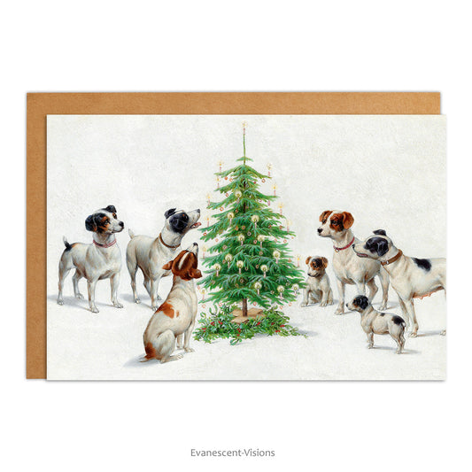 Puppies and Dogs around a Christmas Tree Fine Art Xmas Card with envelope