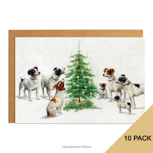 Dogs around a Christmas Tree Fine Art Xmas Card pack with envelopes