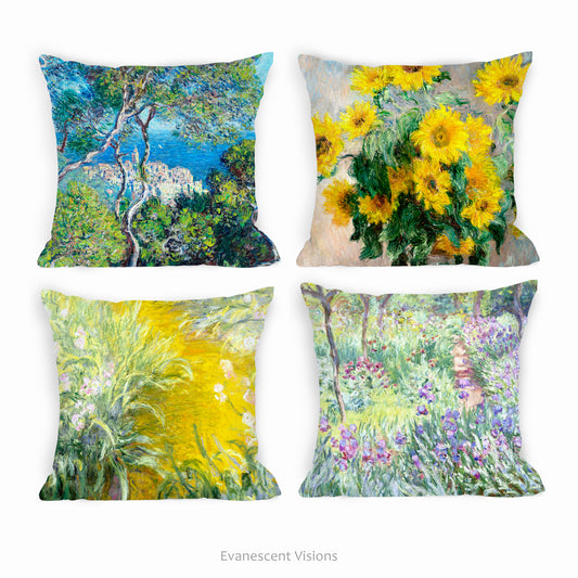Claude Monet Decorative Art Cushions | Artist's Garden, Bordighera, Sunflowers, Irises