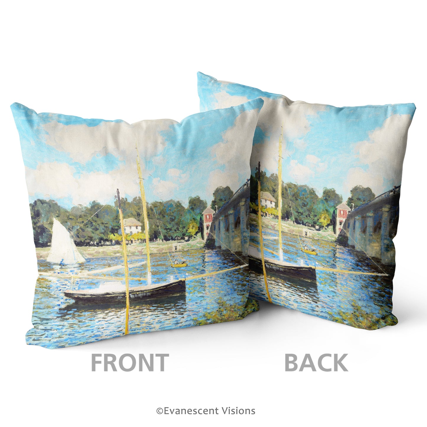 Front and back views of Monet Bridge at Argenteuil Decorative Cushion