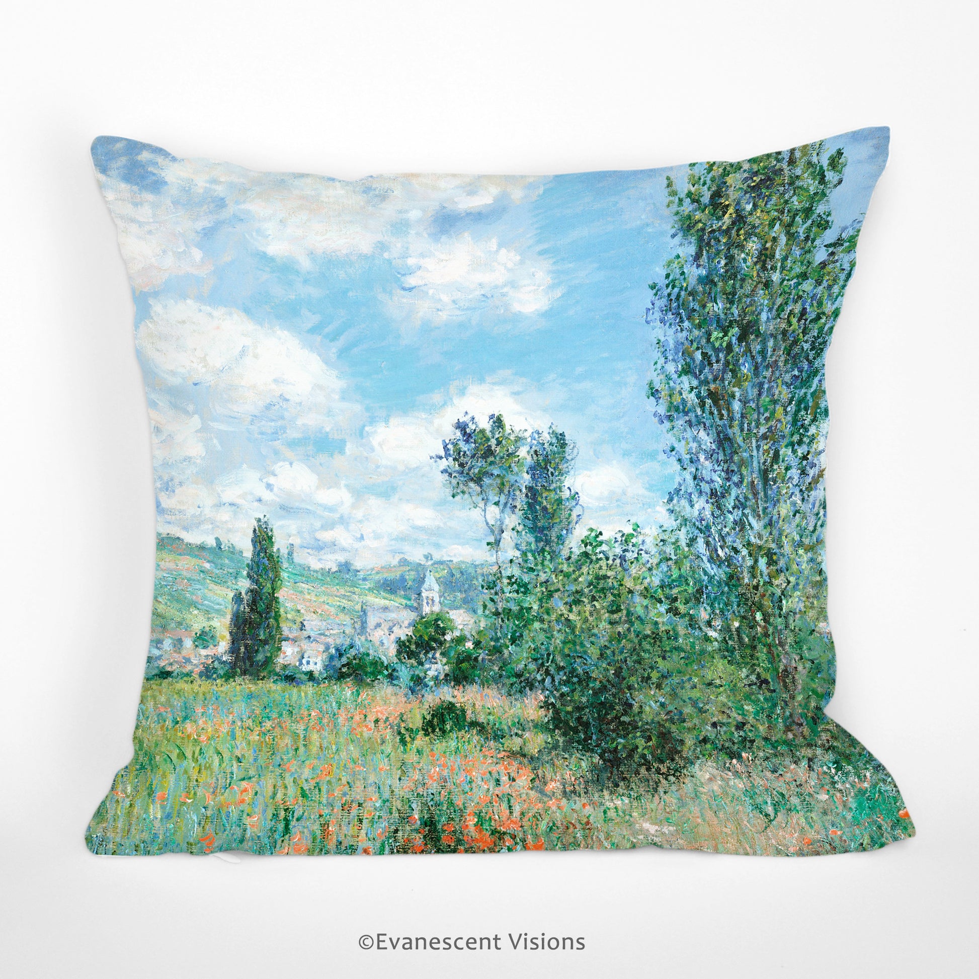 front view of the monet view of vetheuil decorative scatter cushion cover