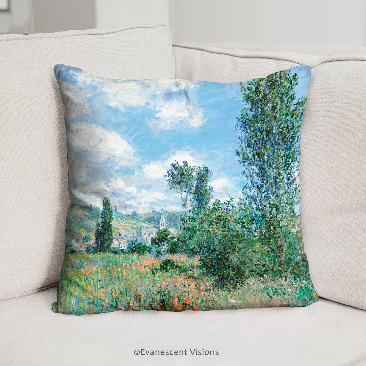 monet view of vetheuil decorative cushion placed on a sofa