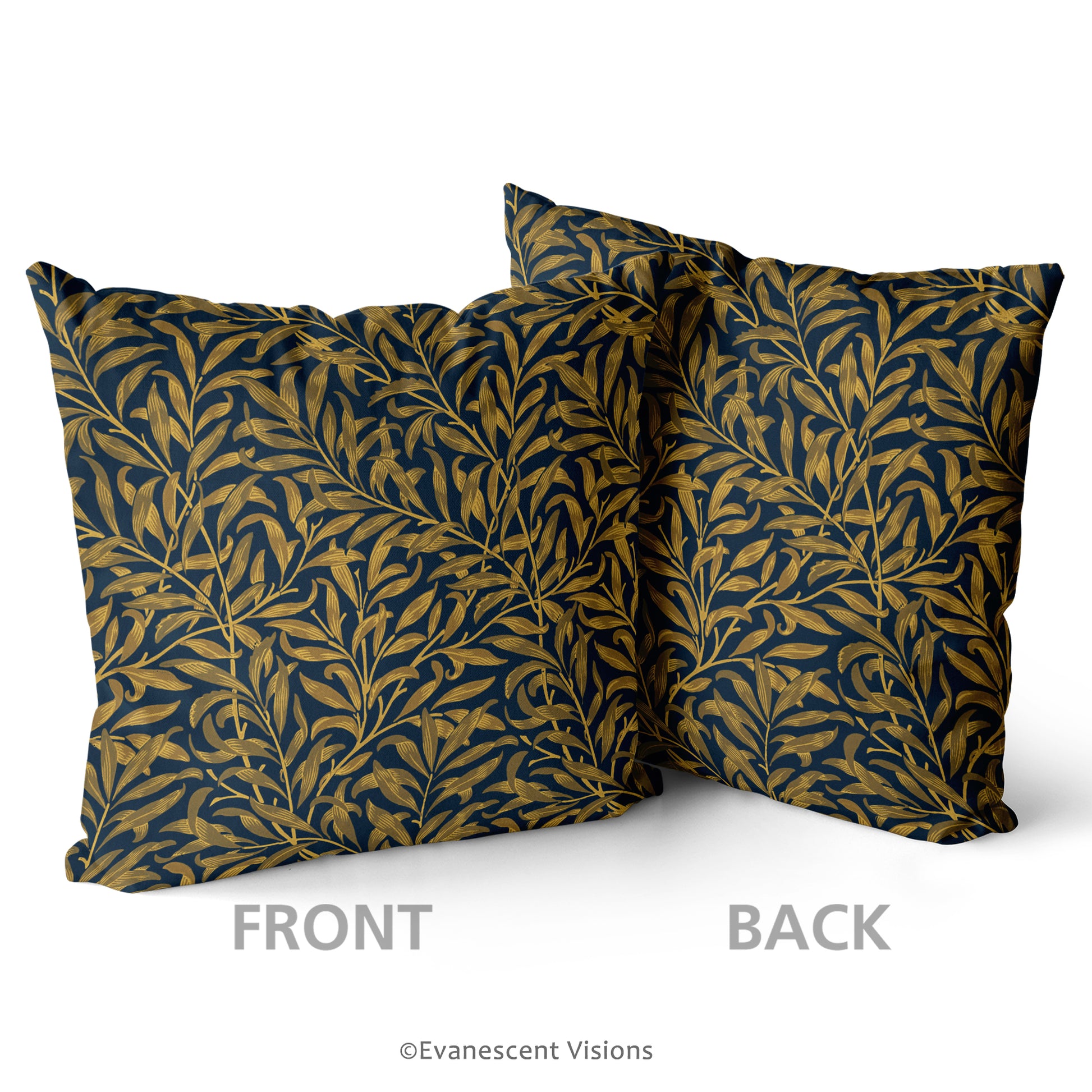 back and front views of the front of the william morris willow bough decorative cushion cover