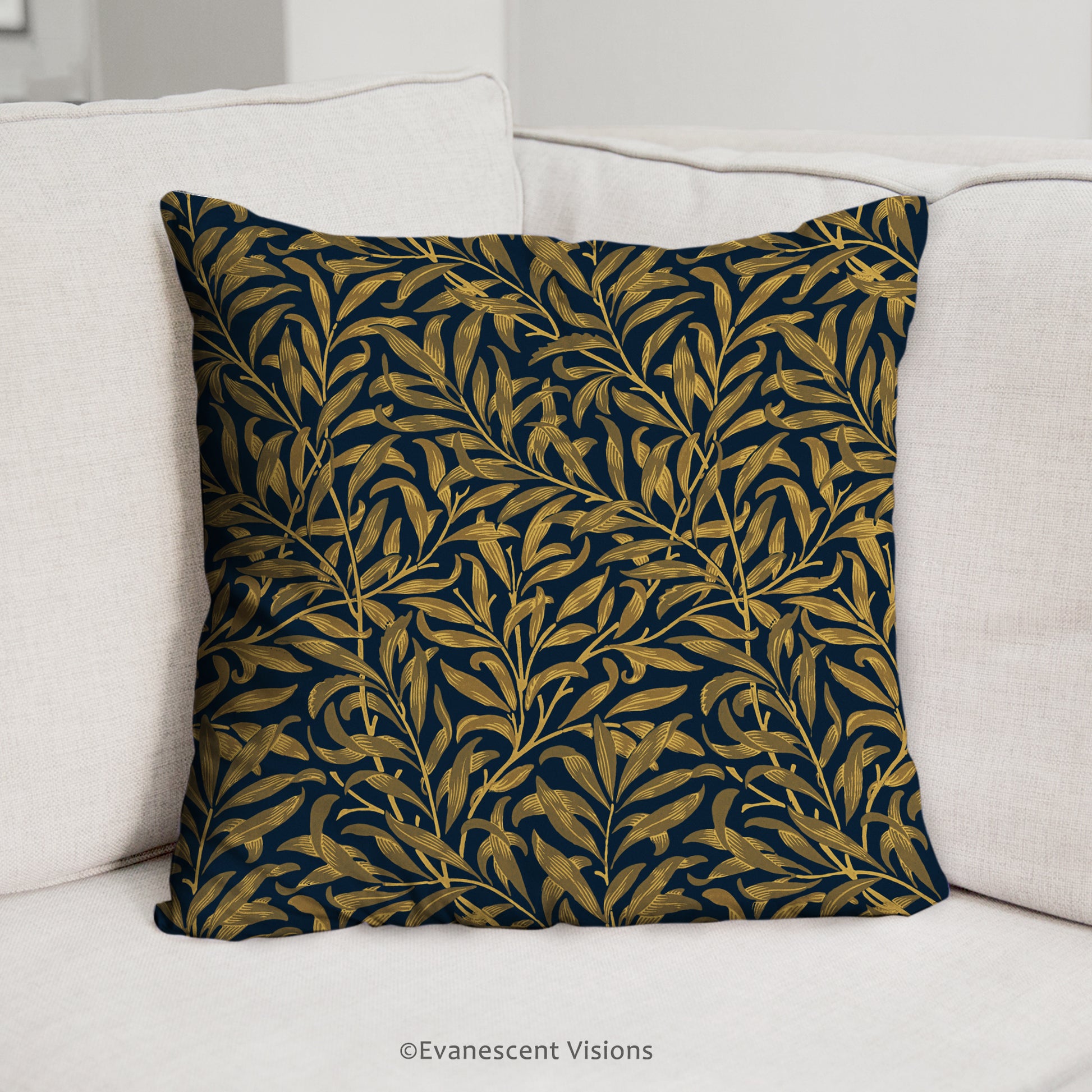 william morris willow bough square cushion shown on a couch