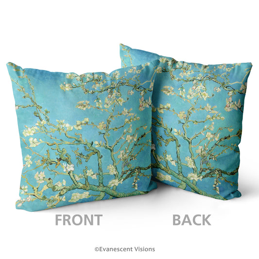 front and back of the front of the van gogh almond blossom scatter cushion