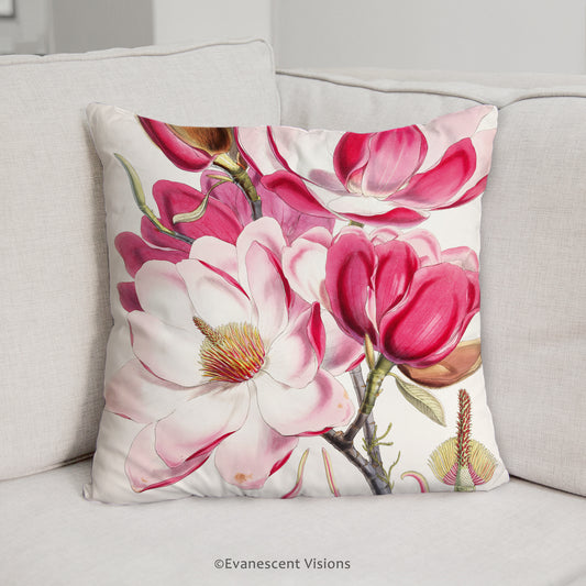 Pink magnolia floral decorative scatter cushion on a sofa