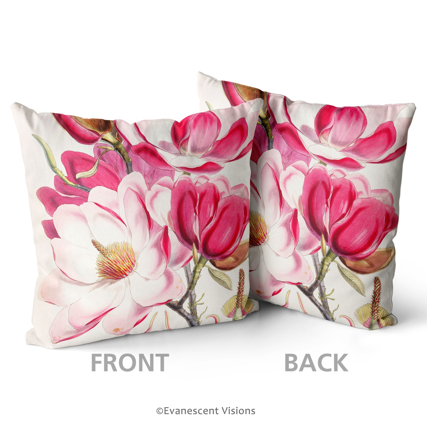 front and back of Pink magnolia floral decorative scatter cushion