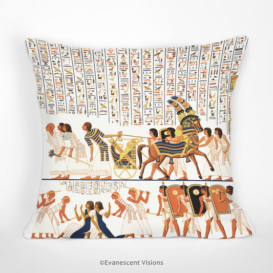 Image of the Ancient Egypt Scatter Cushion depicting people and hieroglyphs, placed against a white backround.
