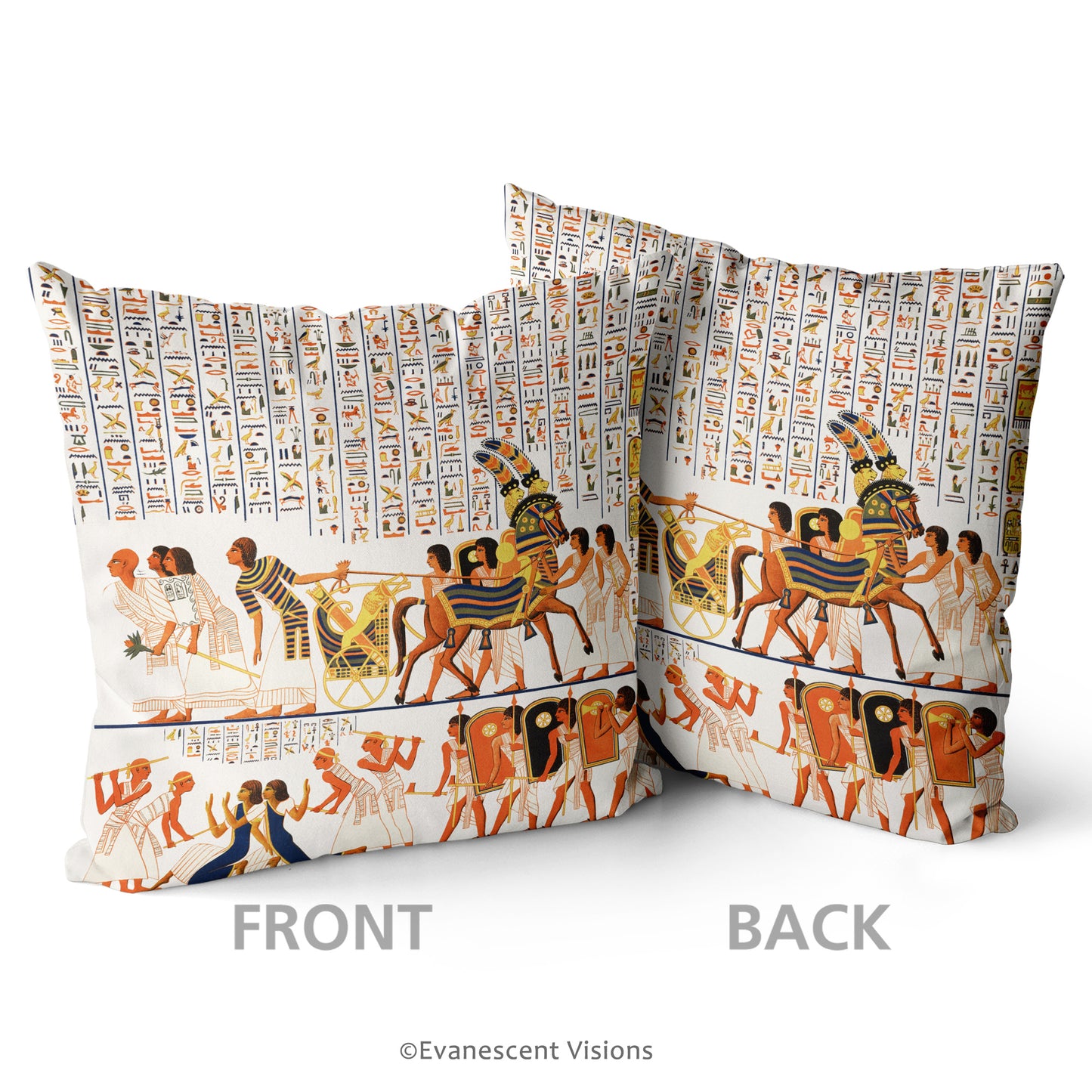 Front and back views of the Ancient Egypt Scatter Cushion depicting people and hieroglyphs.