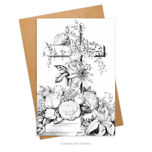 Cross with Flowers Easter Card, Religious Art Card, Personalised or Blank, Single or Pack