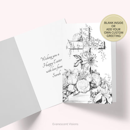 Cross with Flowers Easter Card, Religious Art Card, Personalised or Blank, Single or Pack