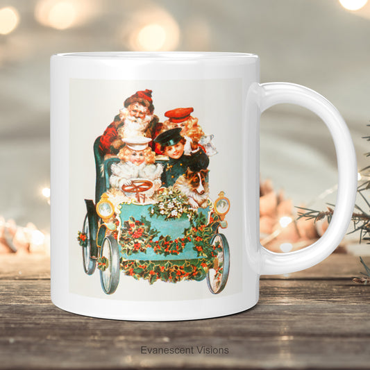 Vintage Edwardian Design Santa Claus Christmas Mug on a wood table top with Christmas decorations in the background.