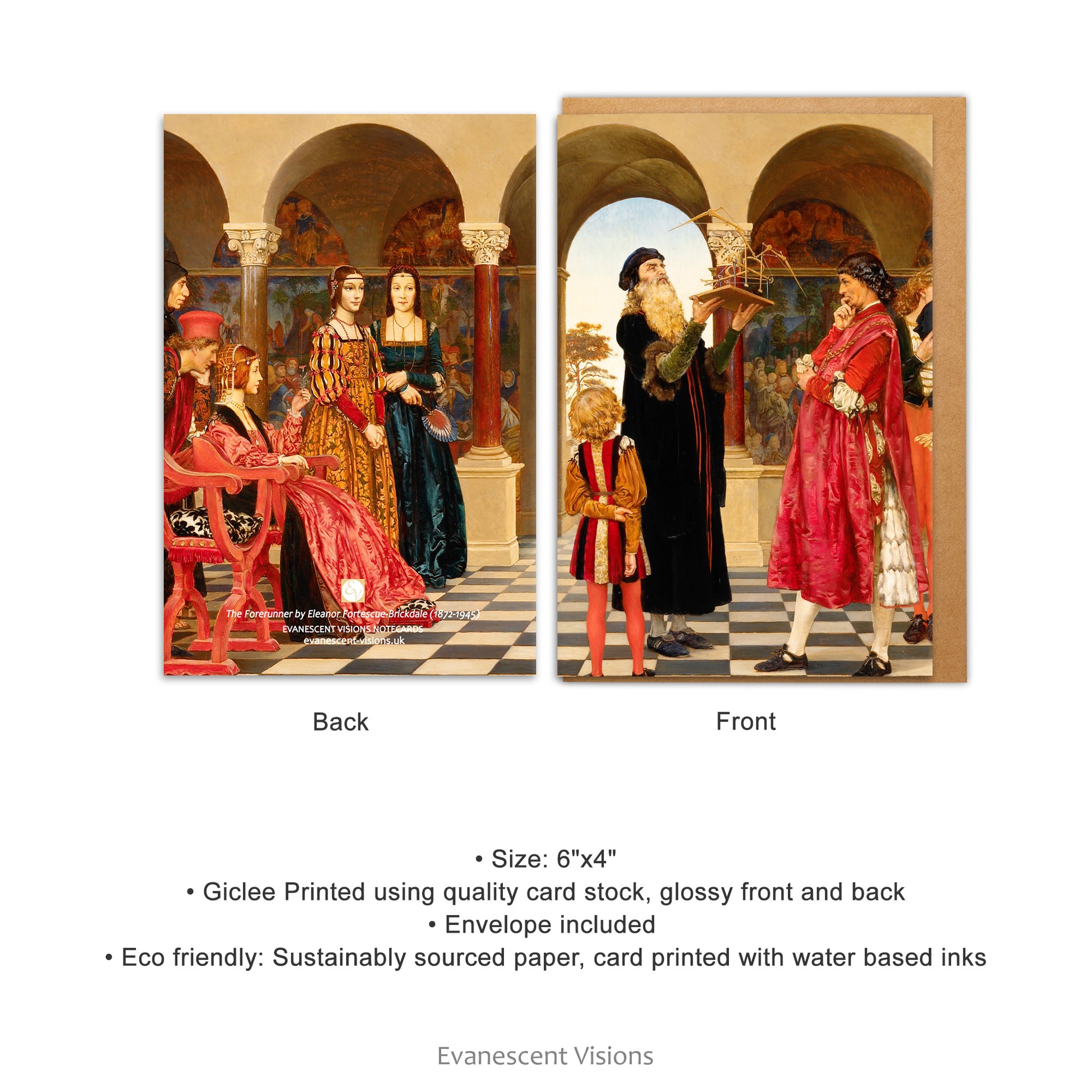 Front and back view of The Forerunner Pre-Raphaelite Art Notecard or Notelet with product details 