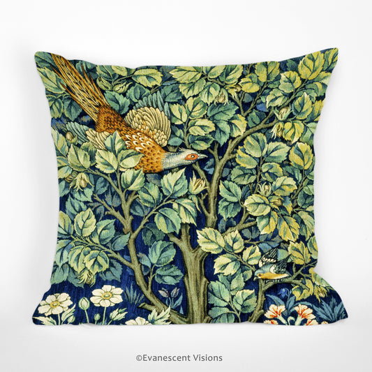 front of the william morris cock pheasant square scatter cushion