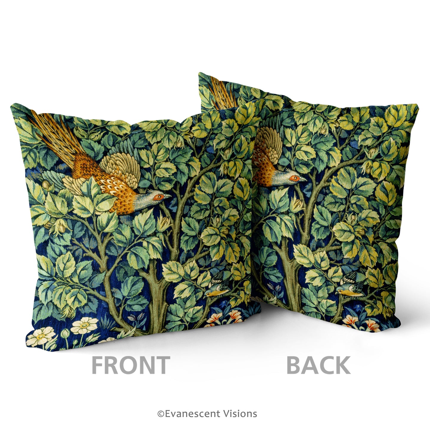 front and back of the front of the william morris cock pheasant cushion