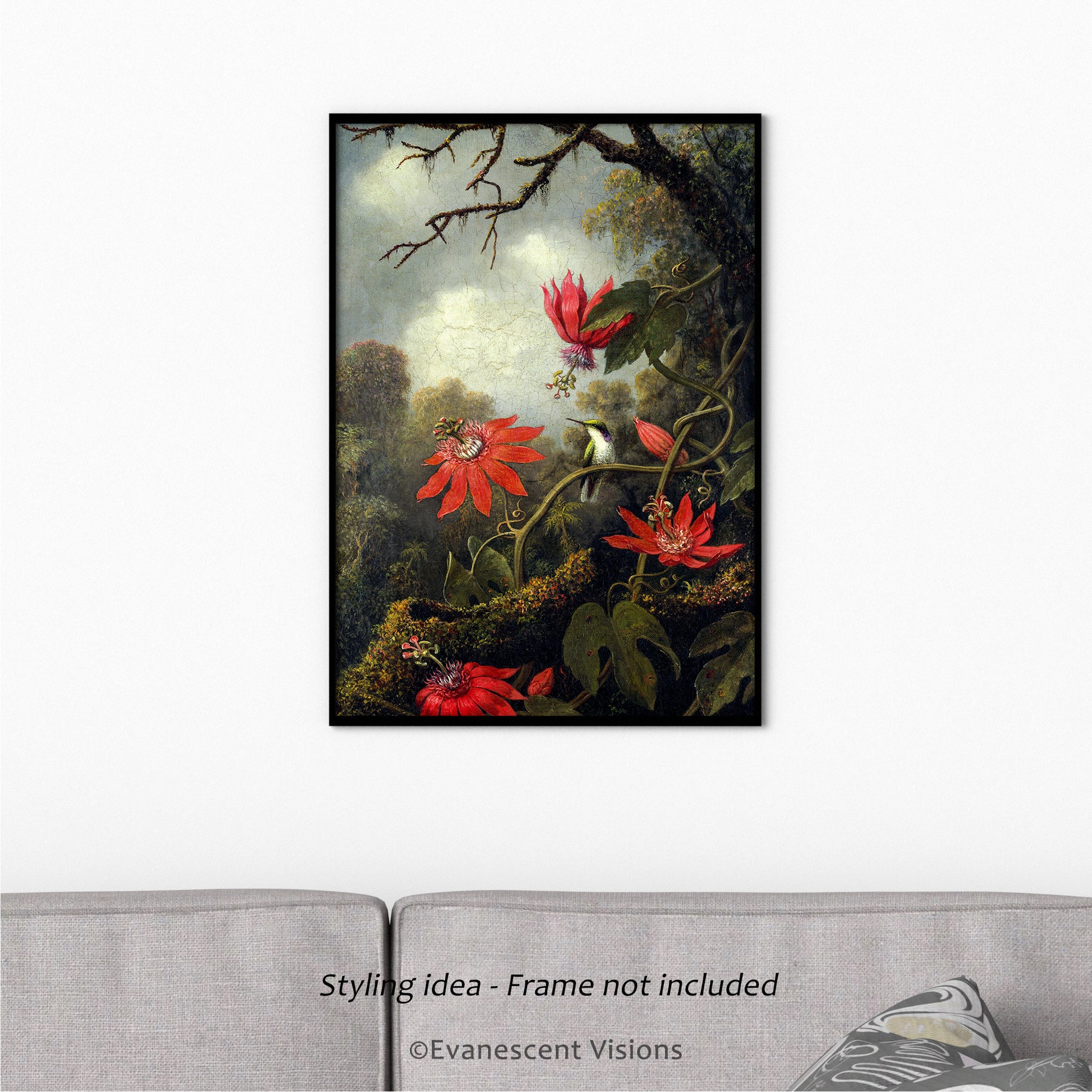 Johnson Heade Hummingbird and Passionflowers Art Poster Print styling idea on a wall