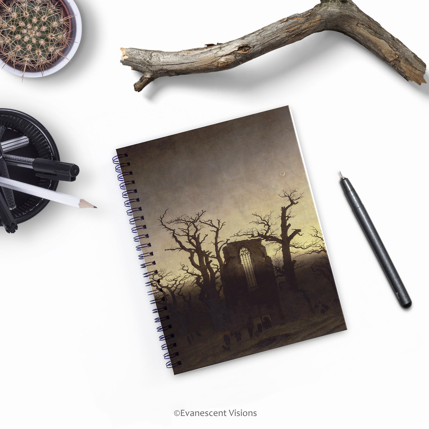 Caspar Friedrich Abbey in the Oakwood Gothic Spiral Bound Notebook with pen and plants