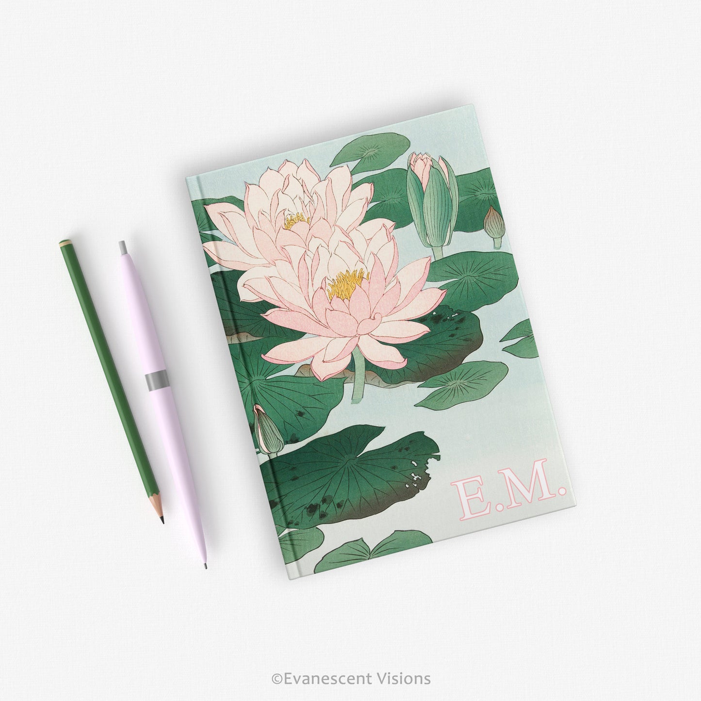 Fine art Koson japanese water lilies notebook on a desk with pens