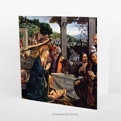 Adoration of the Shepherds Renaissance Nativity Scene Christmas Card standing on a desk