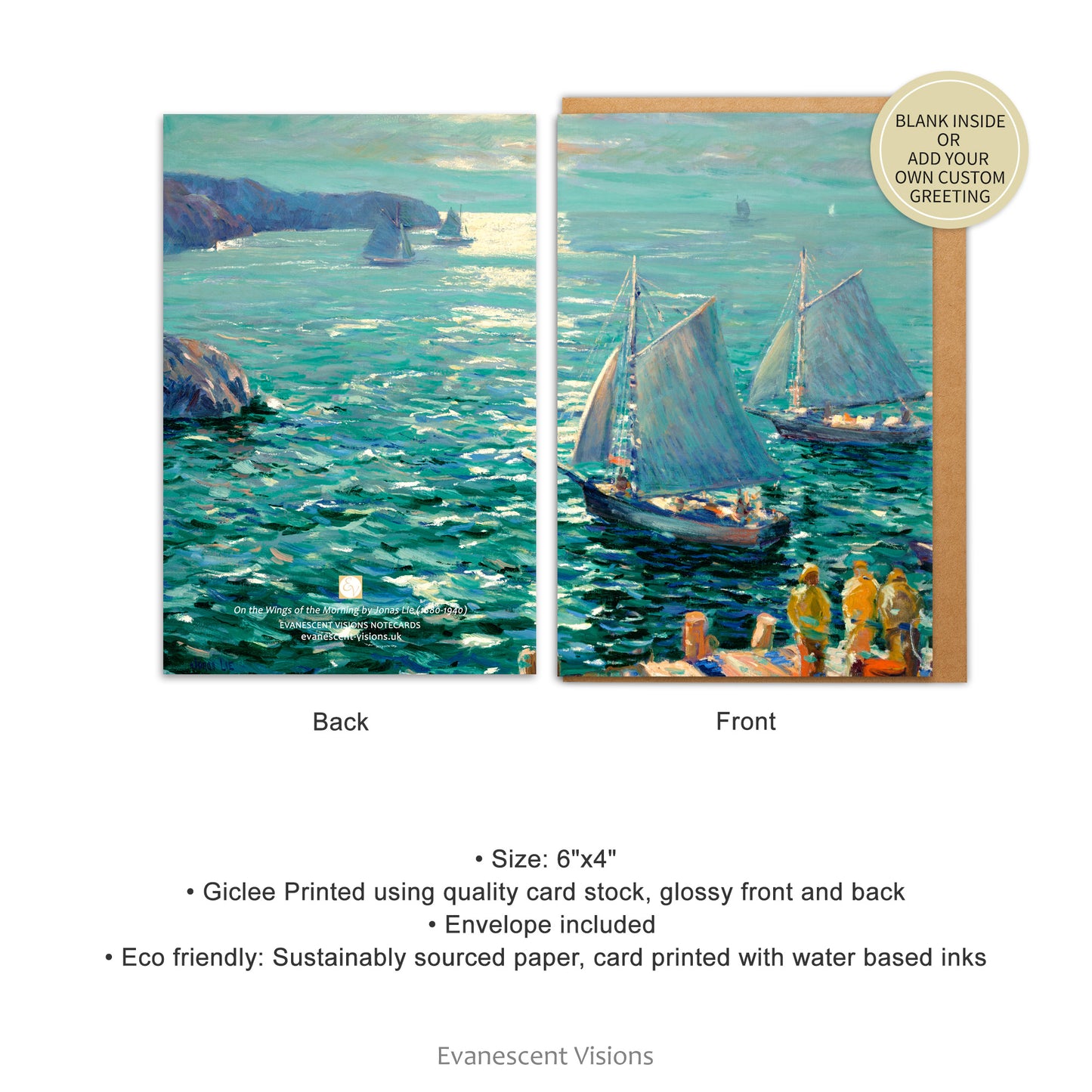 Front and back views of the On the Wings of the Morning Nautical Art Notecards and product details