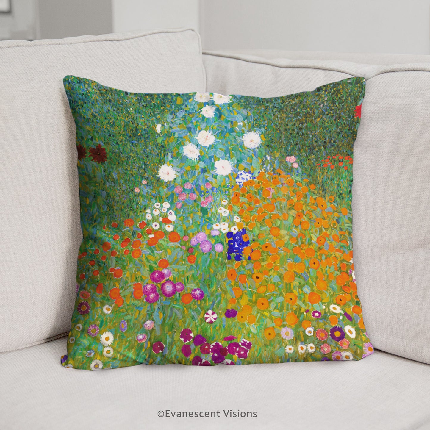 Klimt Bauergarten Floral Art Scatter Cushion on a sofa