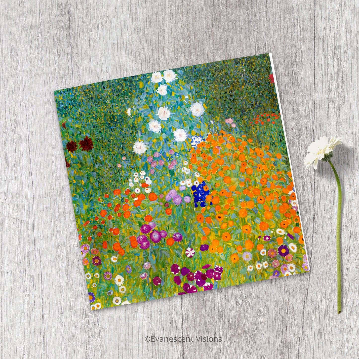 Klimt Bauerngarten Fine Art Floral Greeting Card on a table