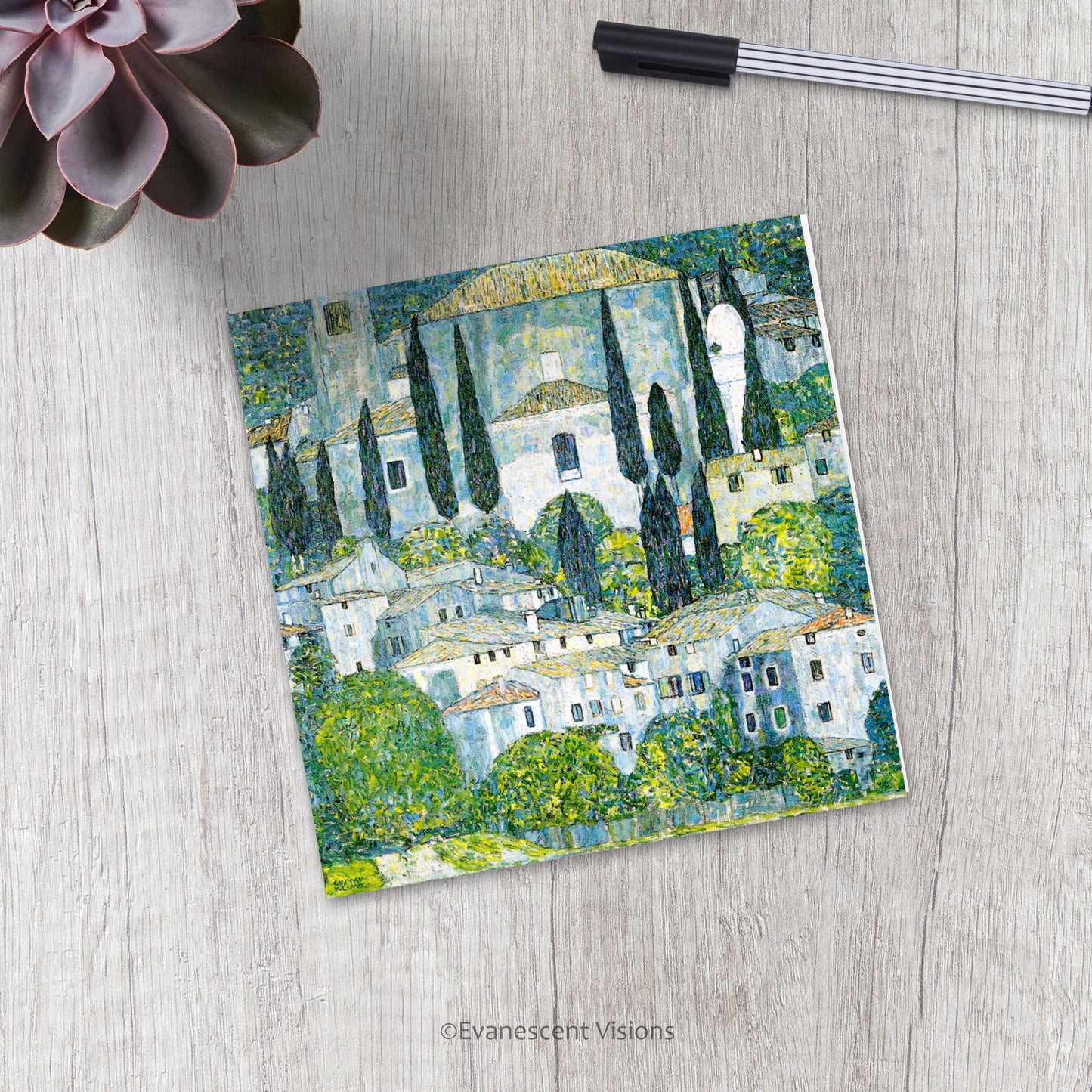 Gustav Klimt Kirche in Cassone Art Greeting Card on a desk with pen and plant