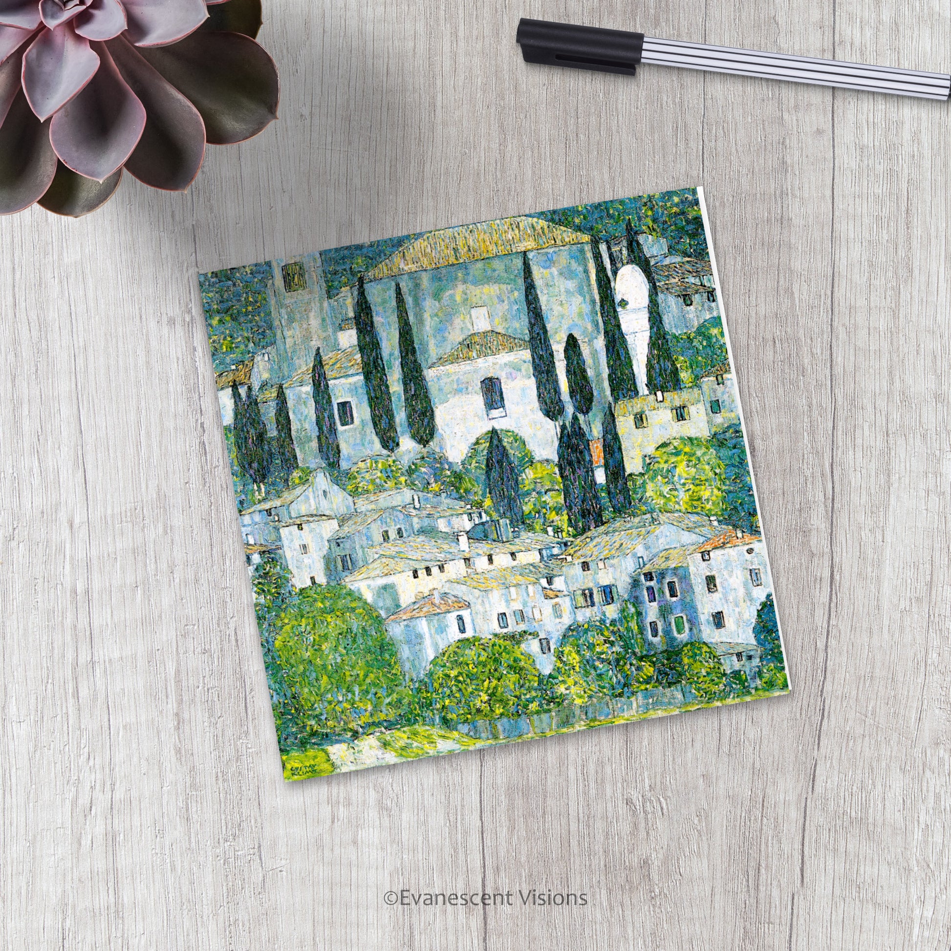 Gustav Klimt Kirche in Cassone Art Greeting Card on a desk with pen and plant